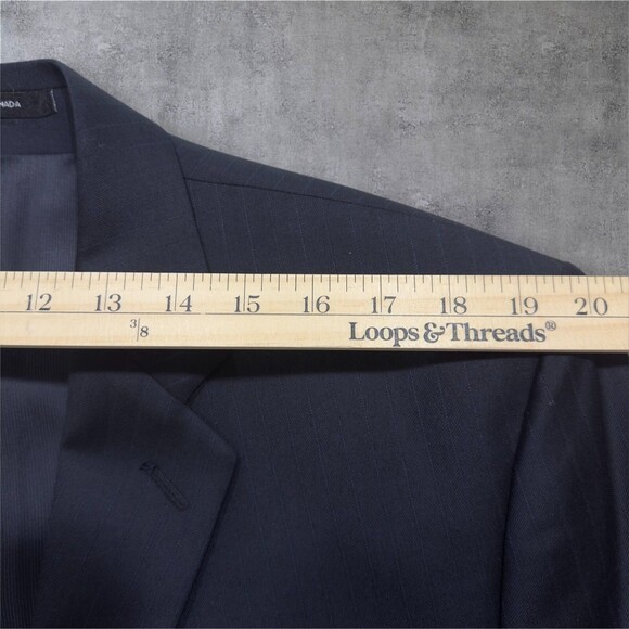 ALFANI Men’s 2-Piece Suit 44L Blazer 38x32 Pants Navy Blue Striped Virgin Wool - Picture 9 of 16